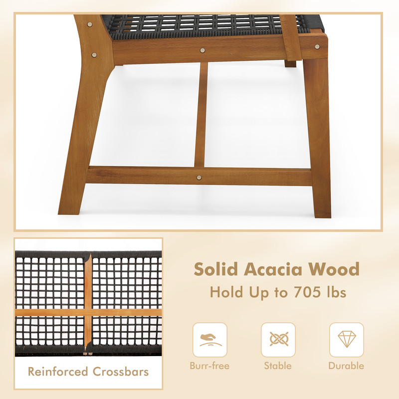 Outdoor Acacia Wood Bench with Rope Woven Backrest & Armrests Sturdy 2 Person Seating for Garden, Patio & Backyard