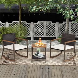 3 piece rattan rocking bistro set with coffee table & cushions off white & mix brown outdoor patio furniture