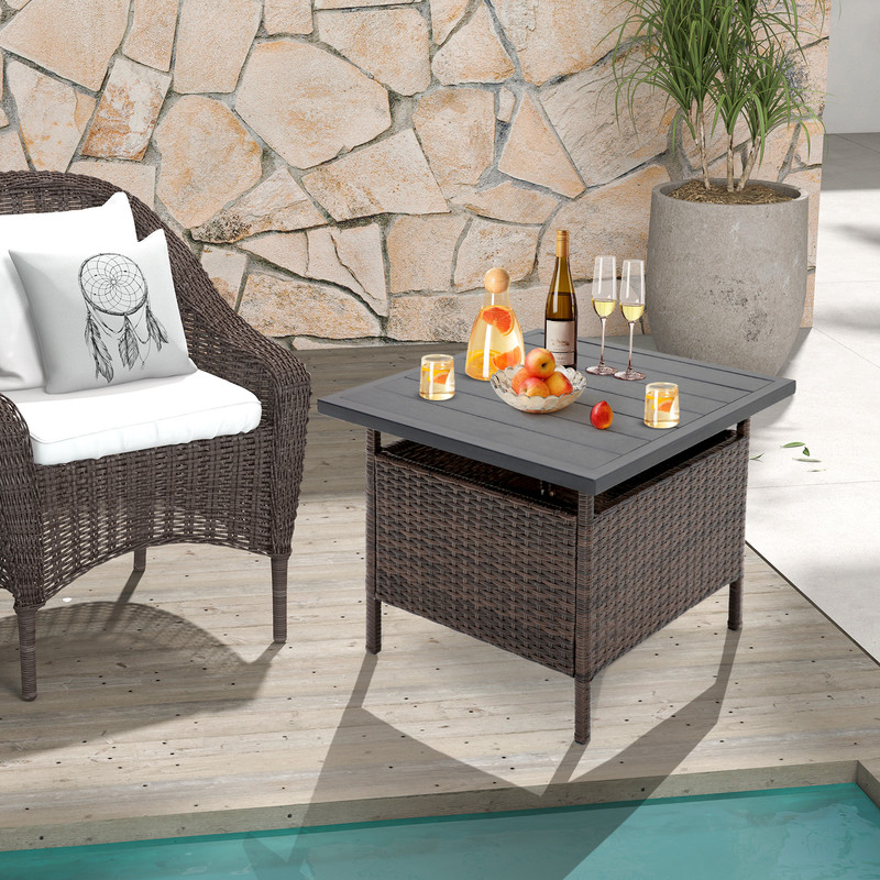 Patio Square Wicker Side Table with Umbrella Hole Outdoor Coffee Table for Yard, Garden & Poolside