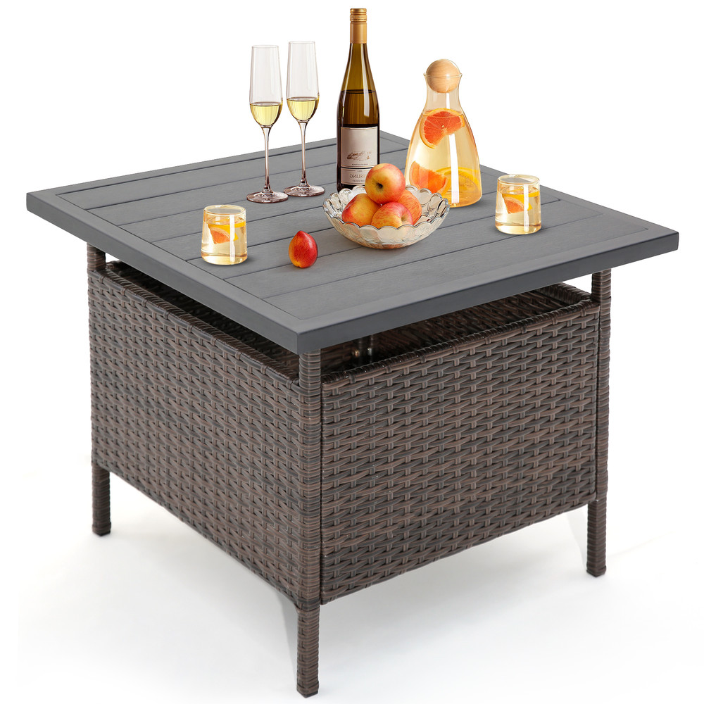 Patio Square Wicker Side Table with Umbrella Hole Outdoor Coffee Table for Yard, Garden & Poolside