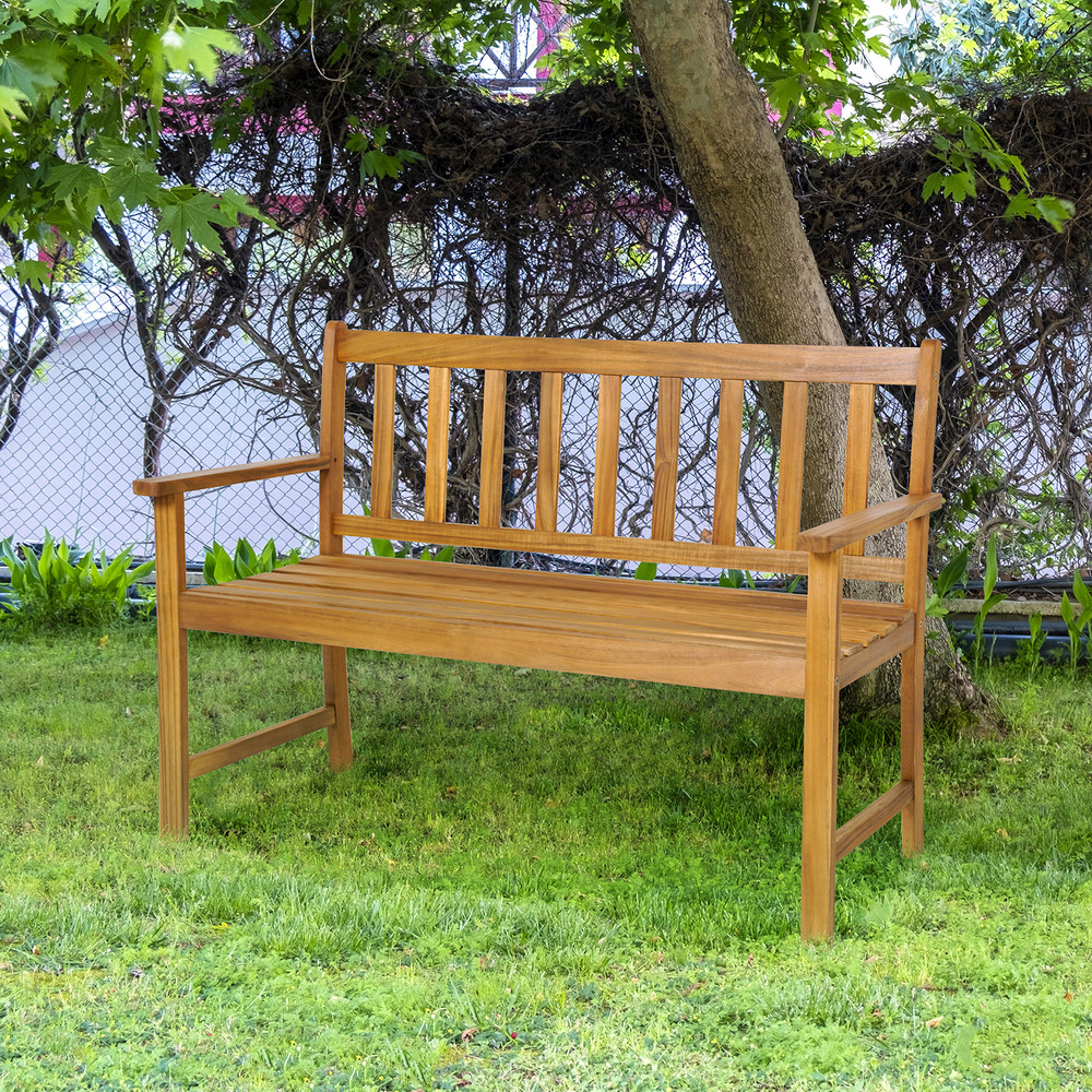 2 Person Patio Acacia Wood Bench with Backrest & Armrests Sturdy Outdoor Seating