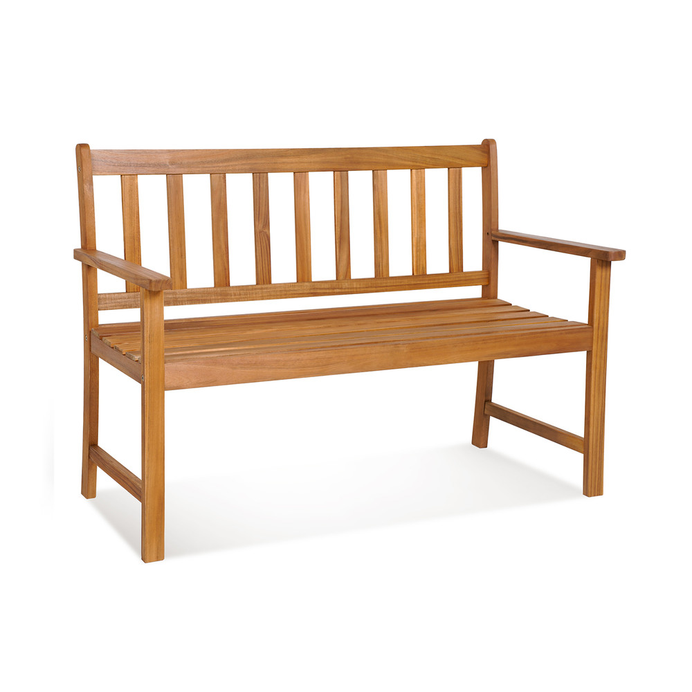 2 Person Patio Acacia Wood Bench with Backrest & Armrests Sturdy Outdoor Seating