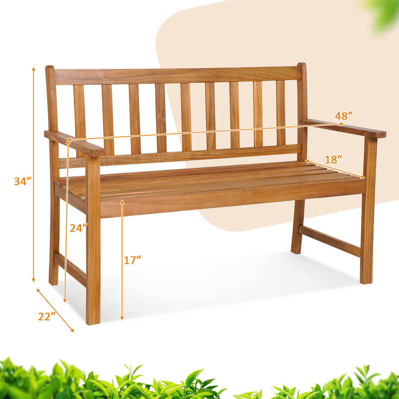 2 Person Patio Acacia Wood Bench with Backrest & Armrests Sturdy Outdoor Seating