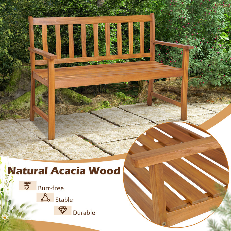 2 Person Patio Acacia Wood Bench with Backrest & Armrests Sturdy Outdoor Seating