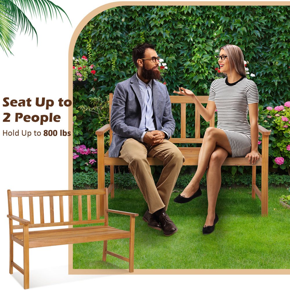 2 Person Patio Acacia Wood Bench with Backrest & Armrests Sturdy Outdoor Seating