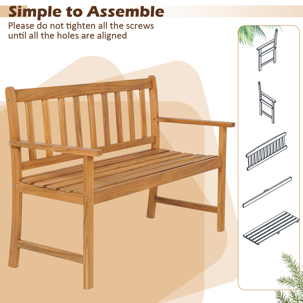 2 Person Patio Acacia Wood Bench with Backrest & Armrests Sturdy Outdoor Seating