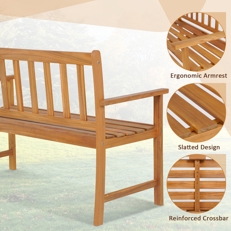 2 Person Patio Acacia Wood Bench with Backrest & Armrests Sturdy Outdoor Seating