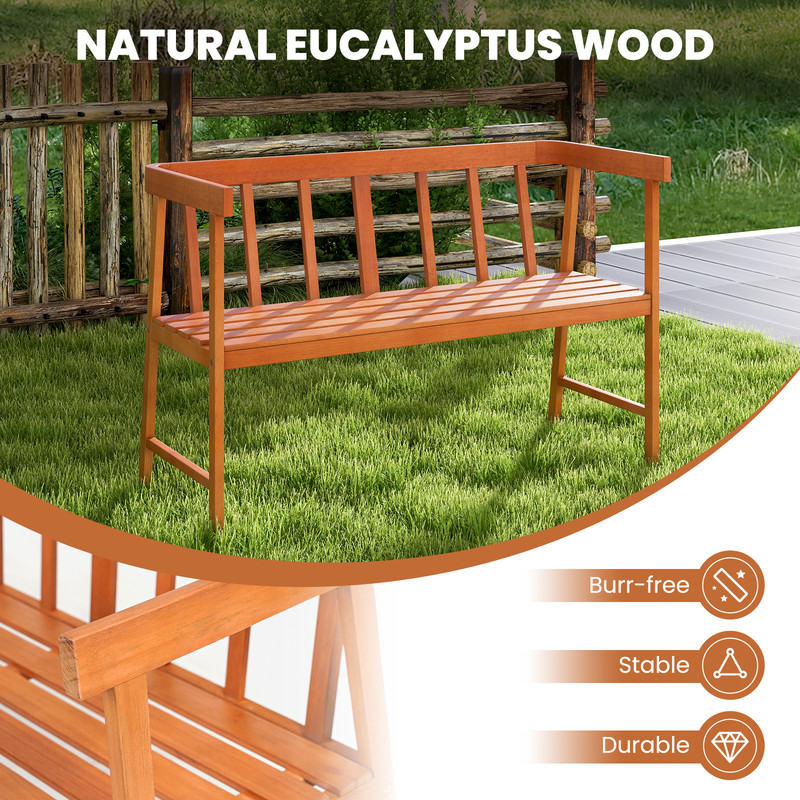 Outdoor Eucalyptus Wood Bench with Backrest and Armrests Sturdy 800 lb Capacity Garden Seating