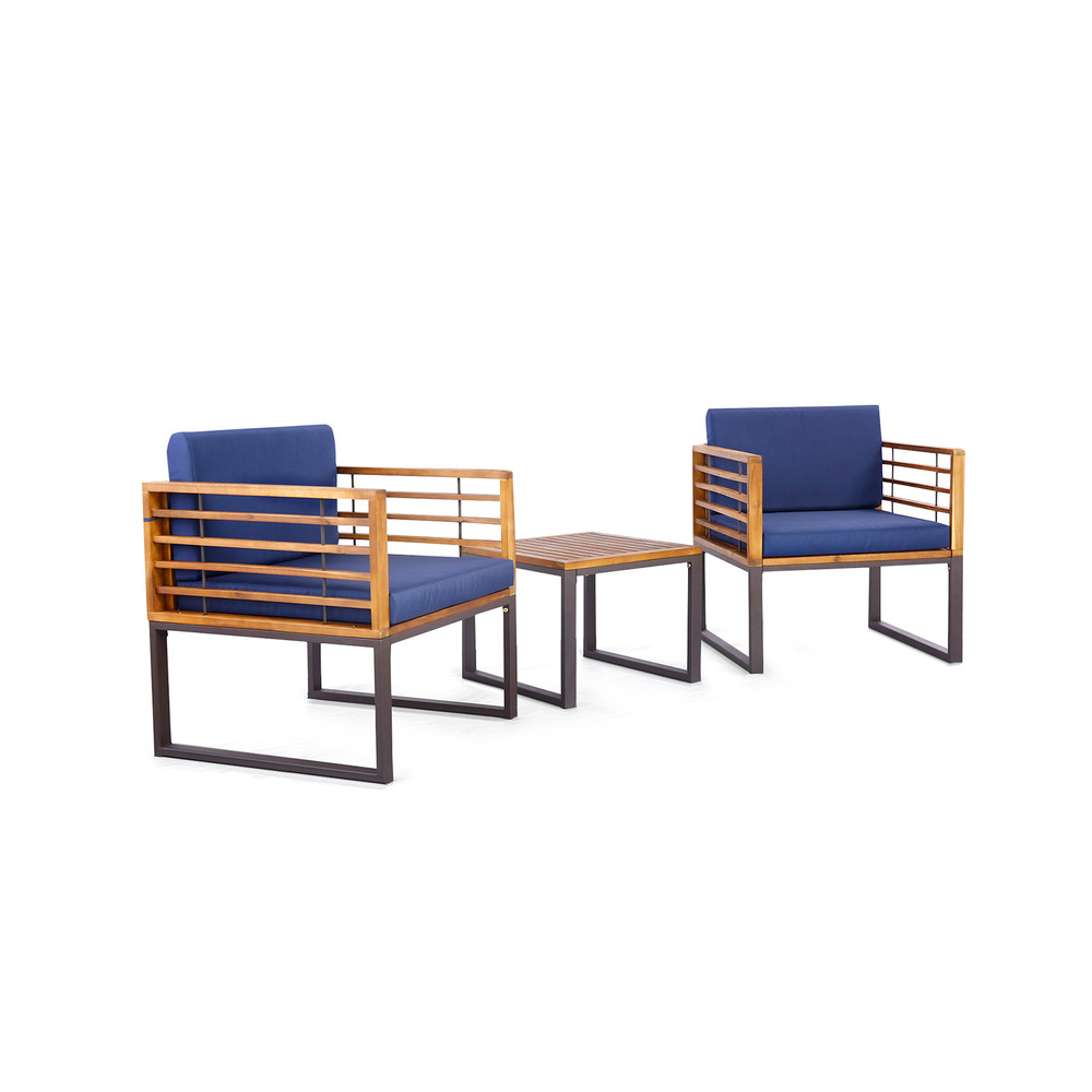 3-Piece Patio Acacia Wood Conversation Set with Cushioned Armchairs Outdoor Bistro Set for Porch, Deck & Balcony