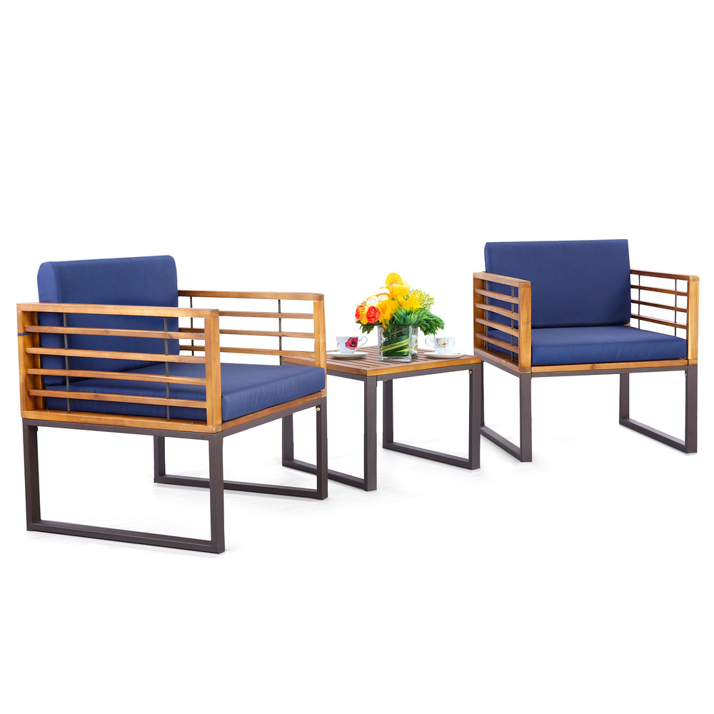 3-Piece Patio Acacia Wood Conversation Set with Cushioned Armchairs Outdoor Bistro Set for Porch, Deck & Balcony