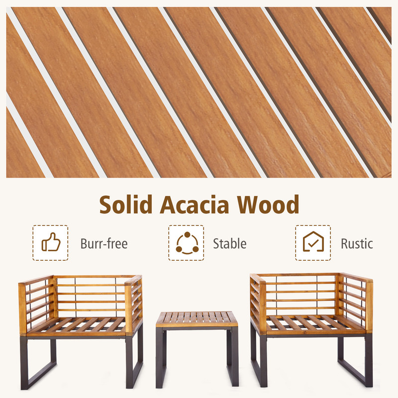 3-Piece Patio Acacia Wood Conversation Set with Cushioned Armchairs Outdoor Bistro Set for Porch, Deck & Balcony