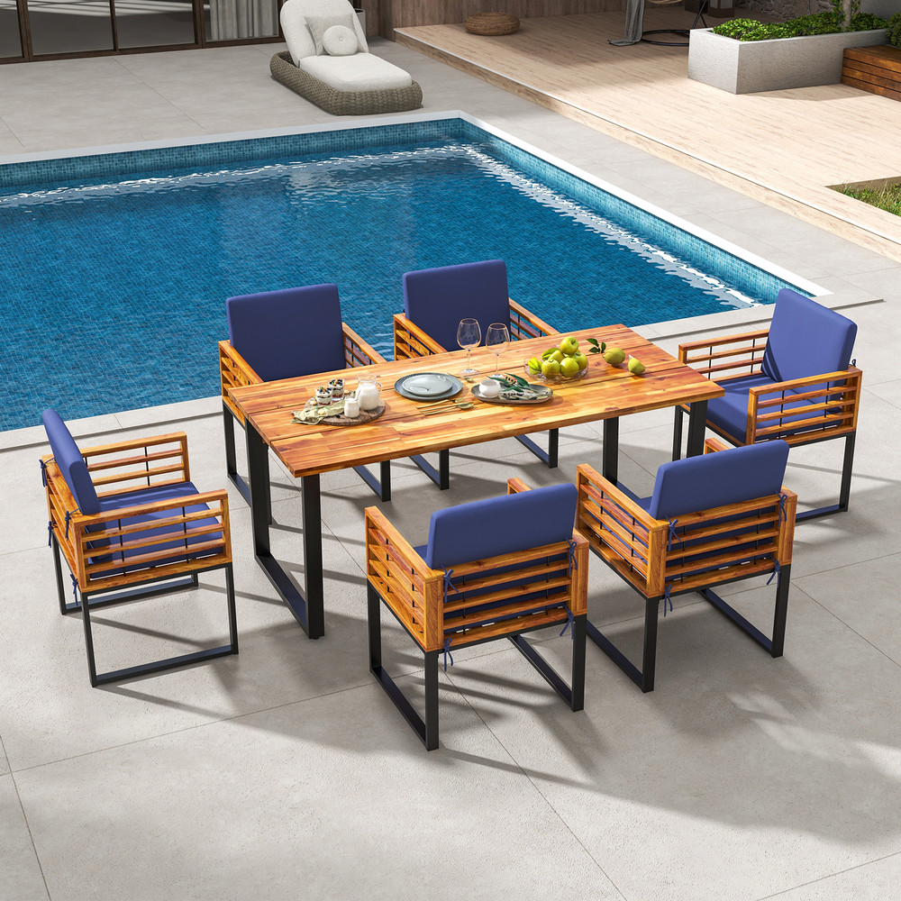 7Piece Acacia Wood Patio Dining Set Outdoor Table Chairs For Backyard Poolside 0