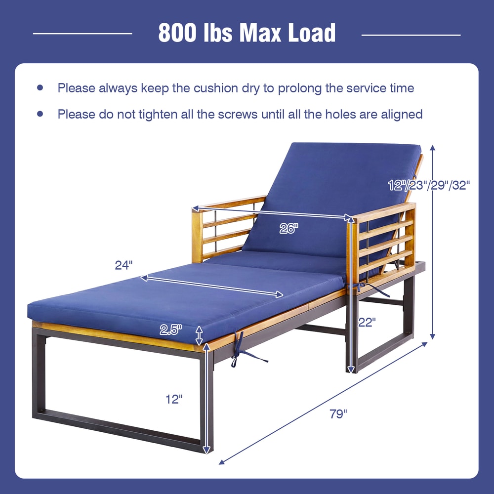 Adjustable Cushioned Patio Chaise Lounge Chair With 4Level Backrest HeavyDuty Comfortable 4