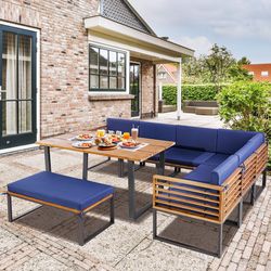 acacia wood patio dining set, 8-piece outdoor furniture with ottoman, corner sofa & umbrella hole