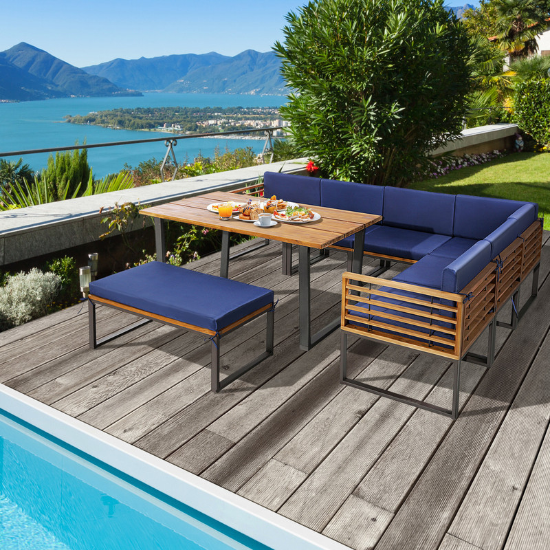 Acacia Wood Patio Dining Set 8Piece Outdoor Furniture With Ottoman Corner Sofa  Umbrella Hole 7