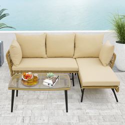 modern 3-piece l-shaped patio sofa with soft cushions & sturdy tempered glass coffee table