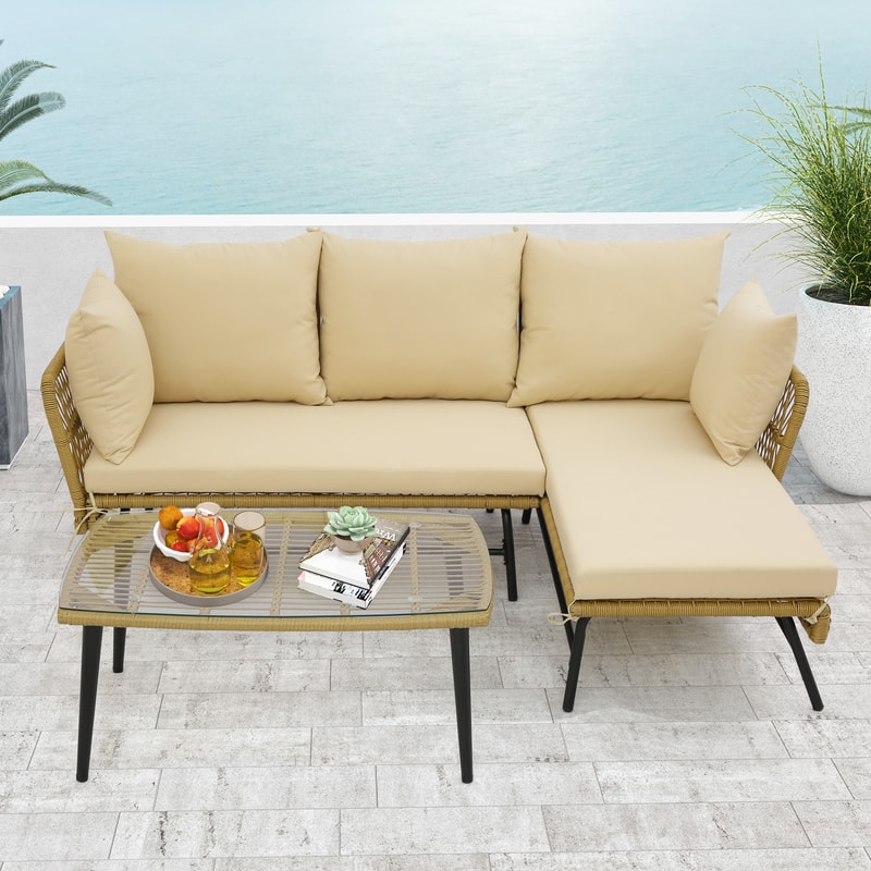 Modern 3Piece LShaped Patio Sofa With Soft Cushions Sturdy Tempered Glass Coffee Table 0
