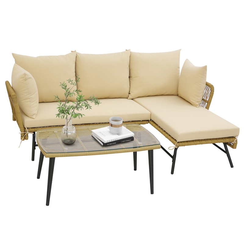 Modern 3Piece LShaped Patio Sofa With Soft Cushions Sturdy Tempered Glass Coffee Table 6