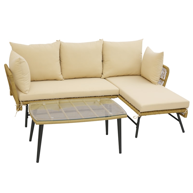 Modern 3Piece LShaped Patio Sofa With Soft Cushions Sturdy Tempered Glass Coffee Table 7