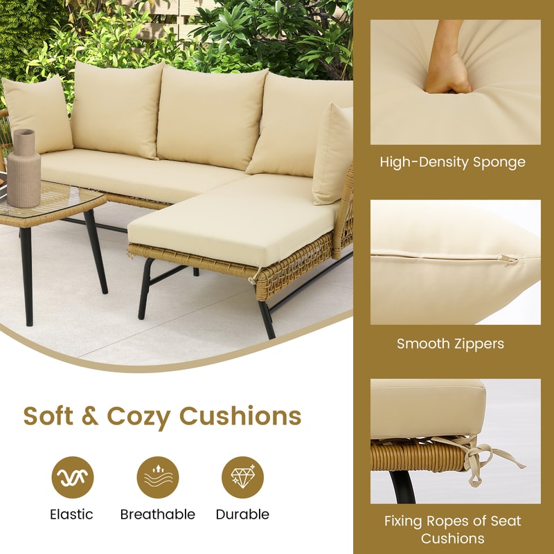 Modern 3Piece LShaped Patio Sofa With Soft Cushions Sturdy Tempered Glass Coffee Table 2