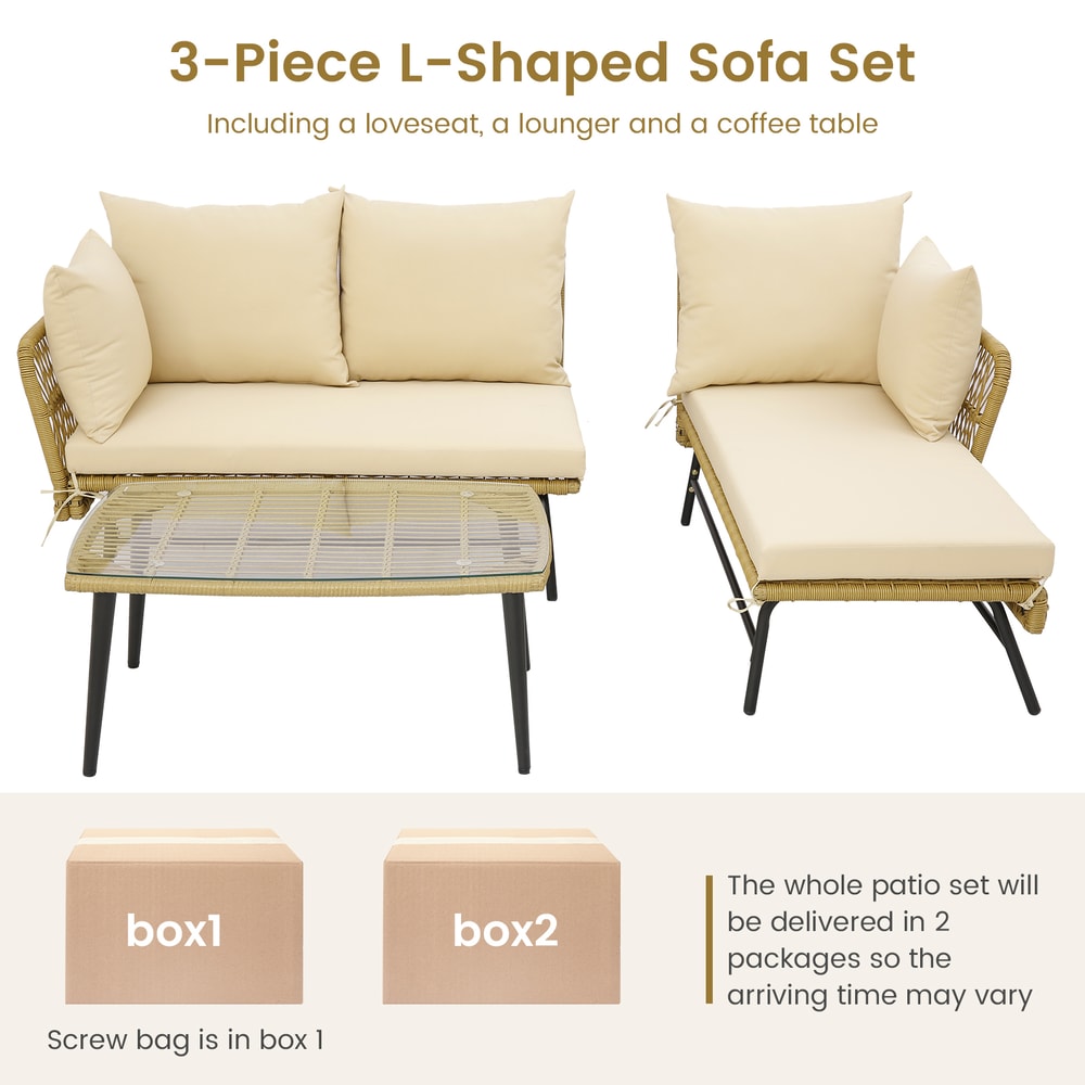 Modern 3Piece LShaped Patio Sofa With Soft Cushions Sturdy Tempered Glass Coffee Table 5