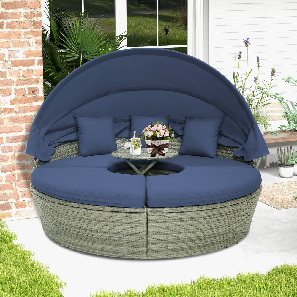Modern Round Daybed With Retractable Canopy PE Wicker Outdoor Daybed Cushions For Patio Poolside 0
