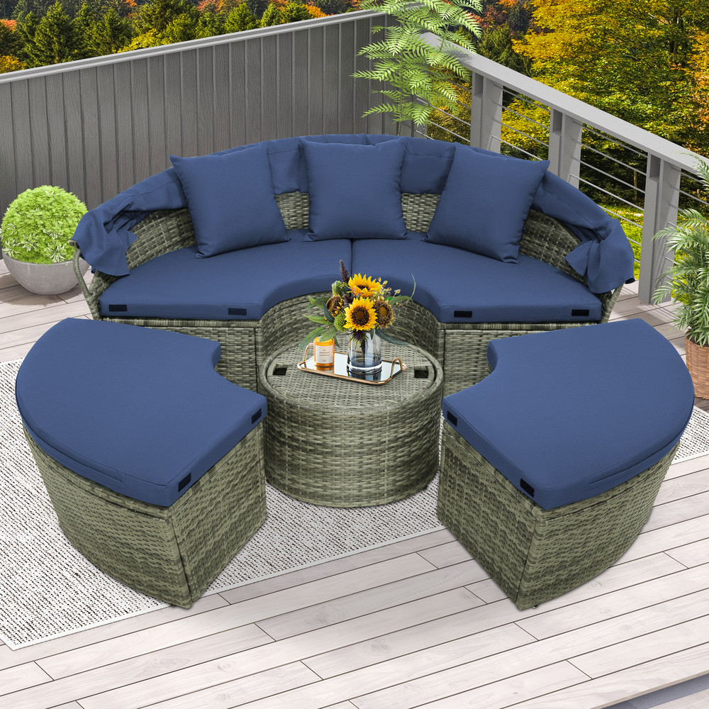 Modern Round Daybed With Retractable Canopy PE Wicker Outdoor Daybed Cushions For Patio Poolside 1