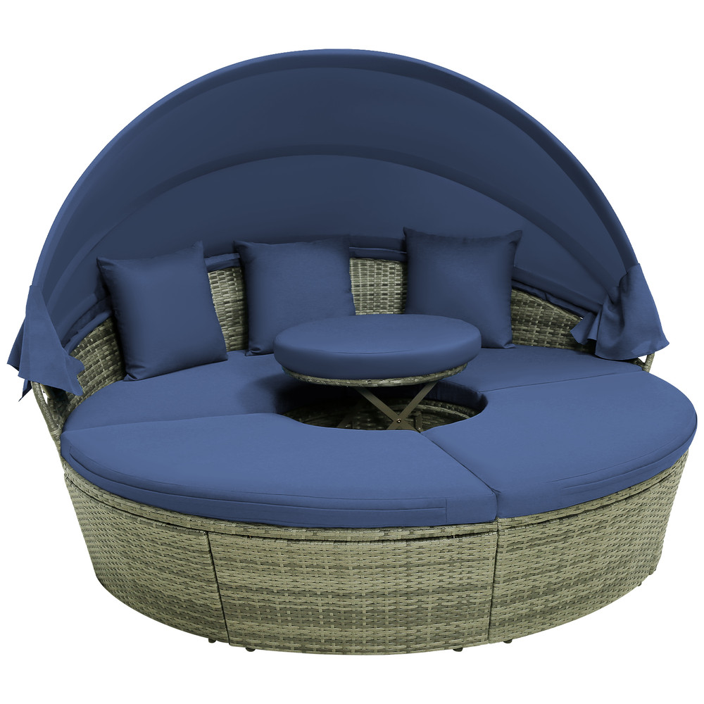 Modern Round Daybed With Retractable Canopy PE Wicker Outdoor Daybed Cushions For Patio Poolside 7