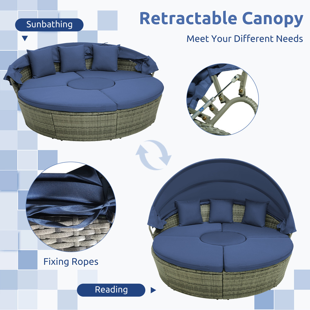 Modern Round Daybed With Retractable Canopy PE Wicker Outdoor Daybed Cushions For Patio Poolside 2
