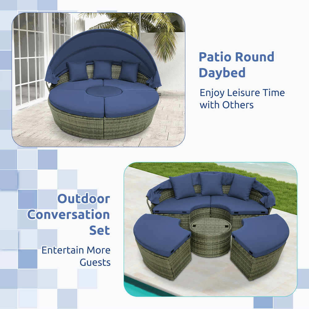 Modern Round Daybed With Retractable Canopy PE Wicker Outdoor Daybed Cushions For Patio Poolside 3