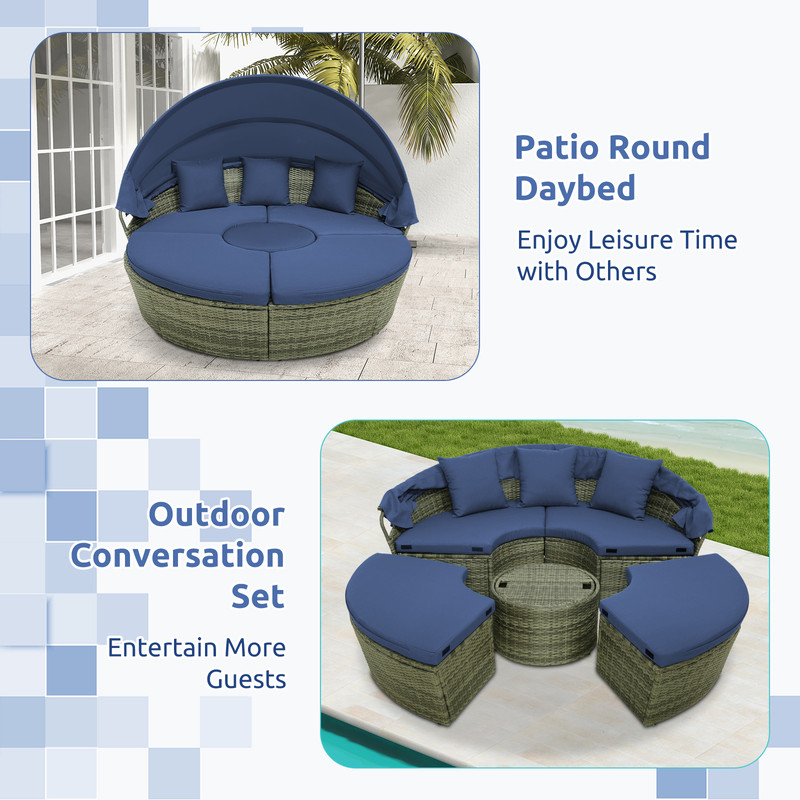 Modern Round Daybed With Retractable Canopy PE Wicker Outdoor Daybed Cushions For Patio Poolside 3