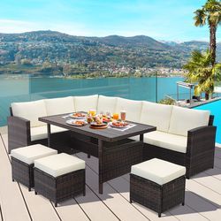 cozy wicker patio furniture set, 7-piece hand-woven rattan sofa & table for outdoor relaxation