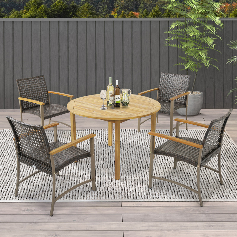 4Piece Rattan Dining Chairs With Acacia Wood Armrests WeatherResistant Patio Furniture Set 0