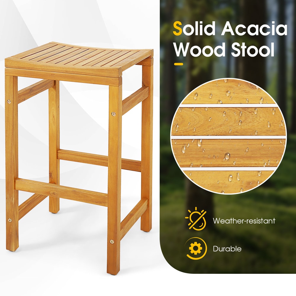Acacia Wood Bar Stool 30Inch Height Chair With Saddle Seat Footrest 400 Lb Capacity 4