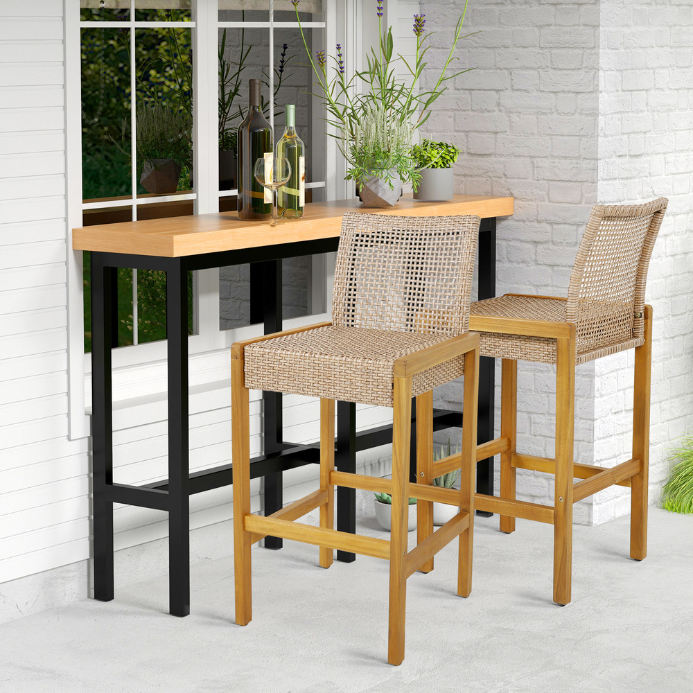 2Piece Rattan Barstool Set Patio Wood Dining Chairs With Ergonomic Backrest  Footrest 0