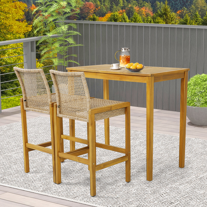 2Piece Rattan Barstool Set Patio Wood Dining Chairs With Ergonomic Backrest  Footrest 1