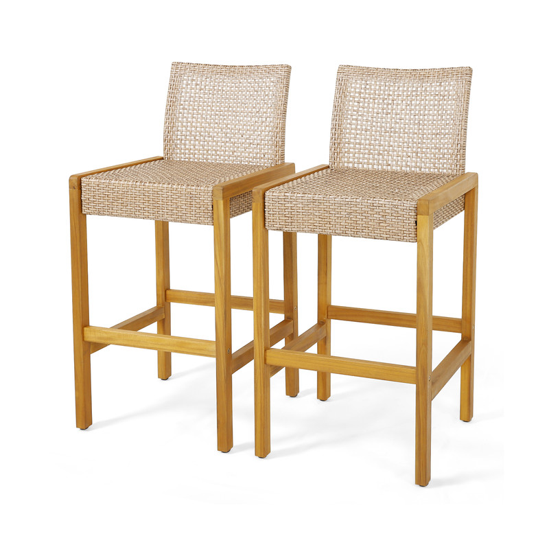 2Piece Rattan Barstool Set Patio Wood Dining Chairs With Ergonomic Backrest  Footrest 6
