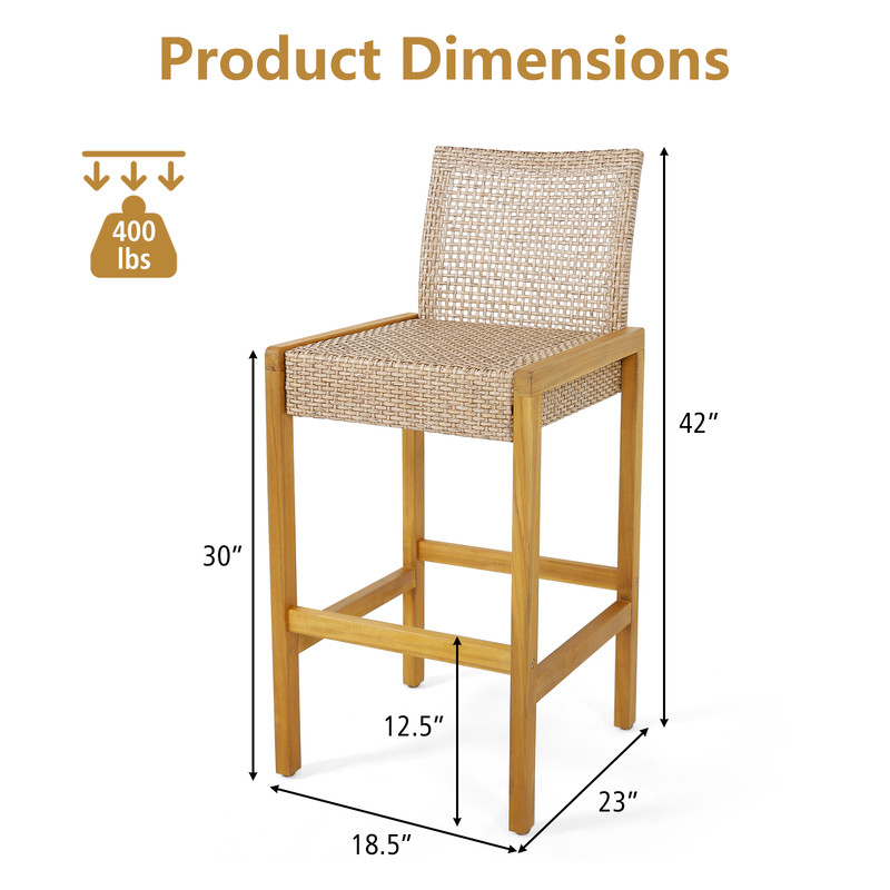 2Piece Rattan Barstool Set Patio Wood Dining Chairs With Ergonomic Backrest  Footrest 7