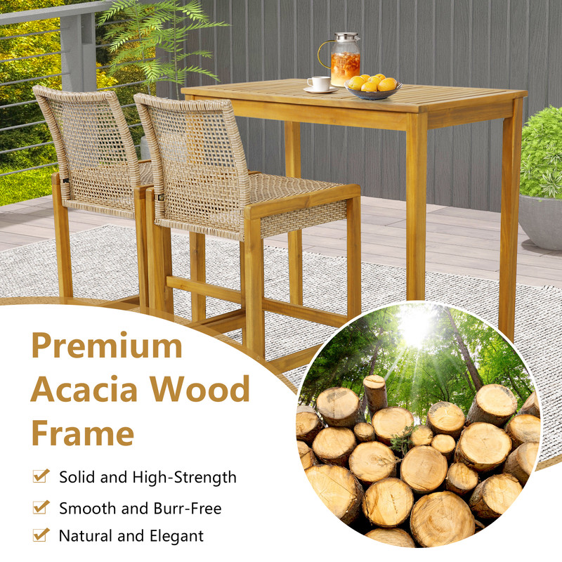 2Piece Rattan Barstool Set Patio Wood Dining Chairs With Ergonomic Backrest  Footrest 4