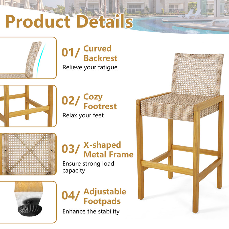 2Piece Rattan Barstool Set Patio Wood Dining Chairs With Ergonomic Backrest  Footrest 2