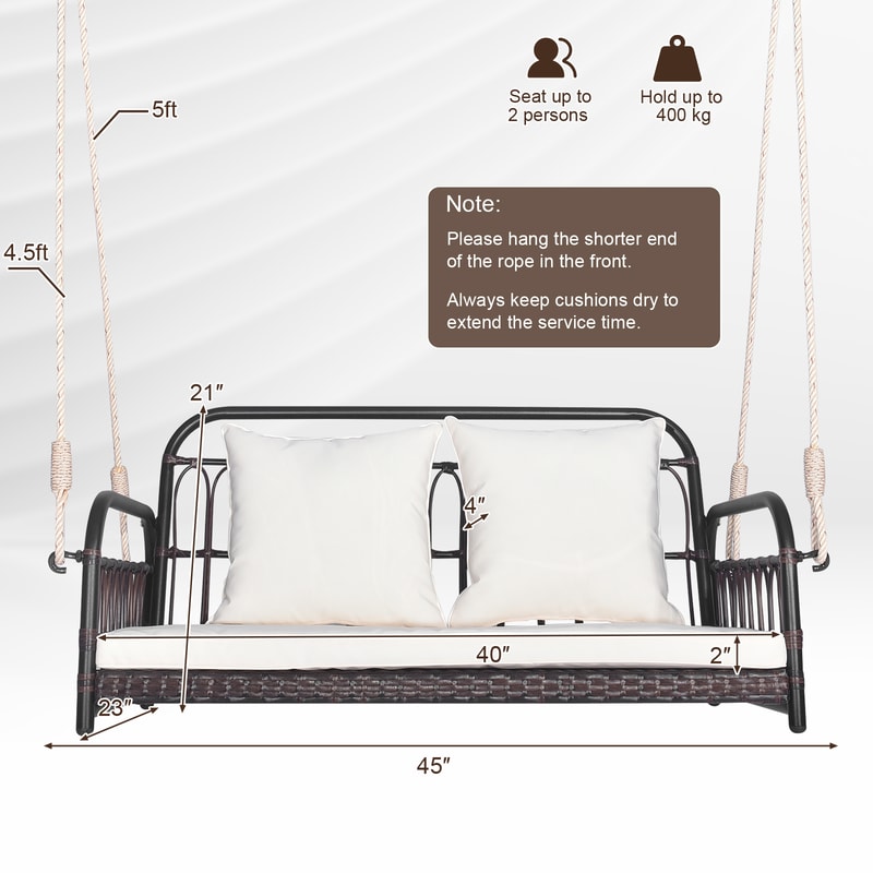 880LBS Wicker Hanging Porch Swing With Cushions HandWoven PE Rattan Outdoor Swing Chair 5