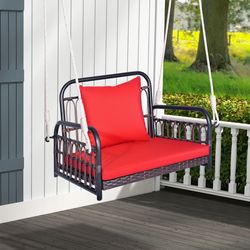 patio rattan porch swing hammock chair with seat cushion, 400lb capacity outdoor hanging chair
