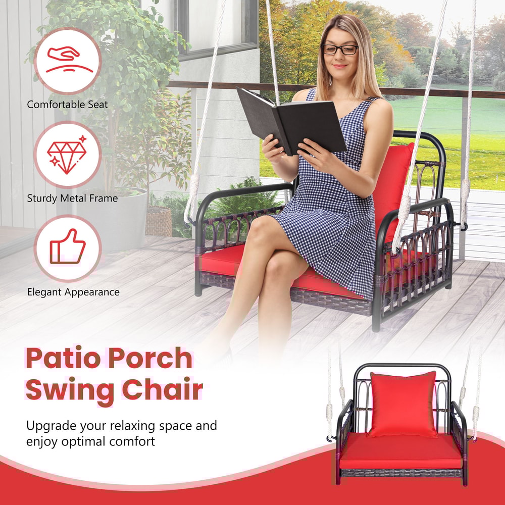 Patio Rattan Porch Swing Hammock Chair With Seat Cushion 400LB Capacity Outdoor Hanging Chair 2