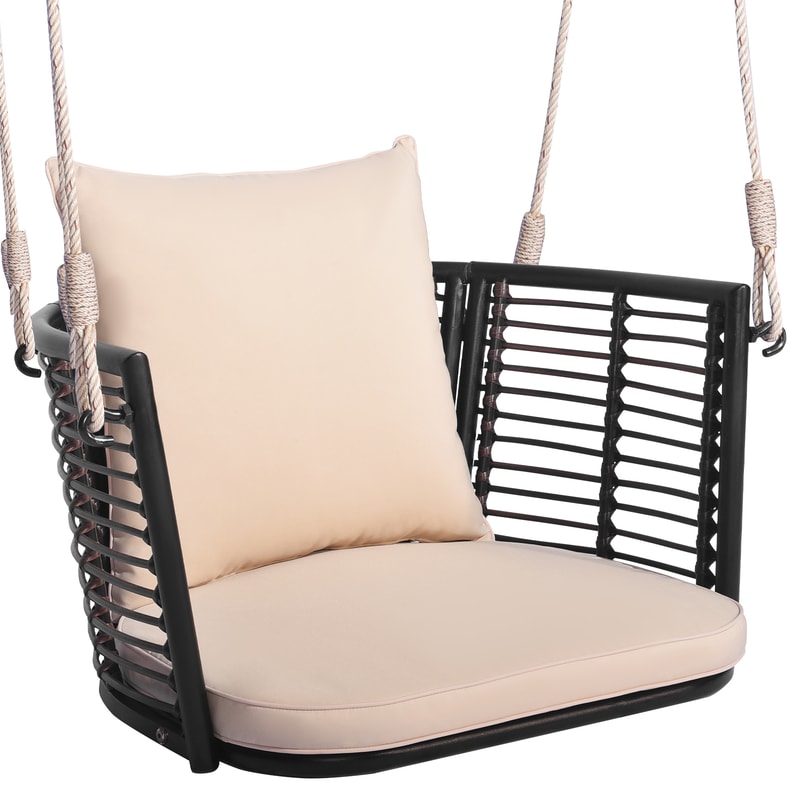 Porch Swing Patio Hanging Rattan Chair with Zippered Cushions & Rope, 400LB Capacity Outdoor Swing