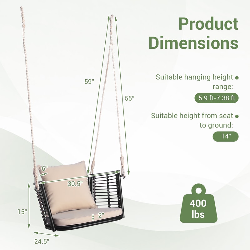Porch Swing Patio Hanging Rattan Chair with Zippered Cushions & Rope, 400LB Capacity Outdoor Swing