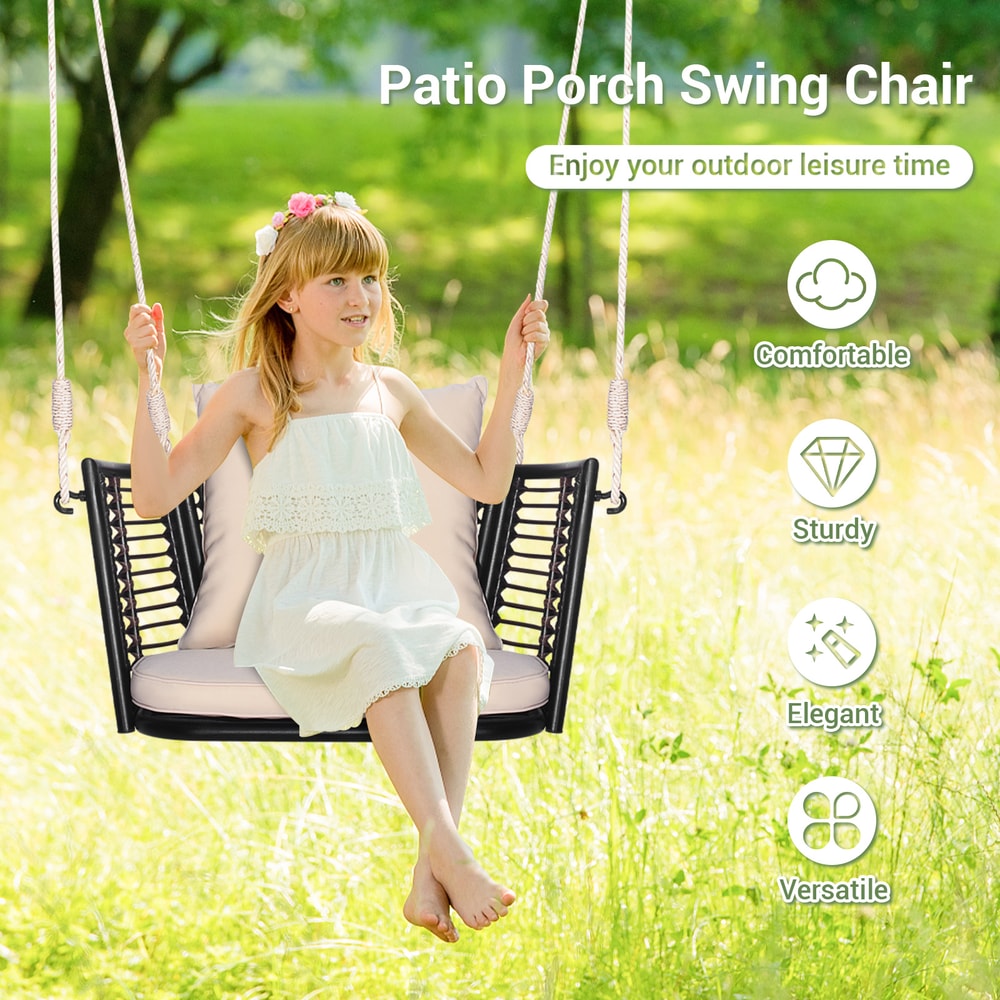 Porch Swing Patio Hanging Rattan Chair with Zippered Cushions & Rope, 400LB Capacity Outdoor Swing