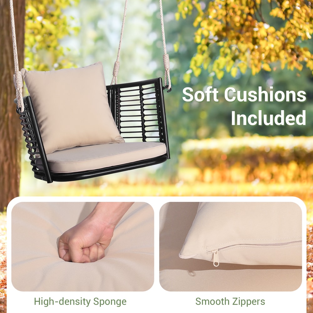 Porch Swing Patio Hanging Rattan Chair with Zippered Cushions & Rope, 400LB Capacity Outdoor Swing