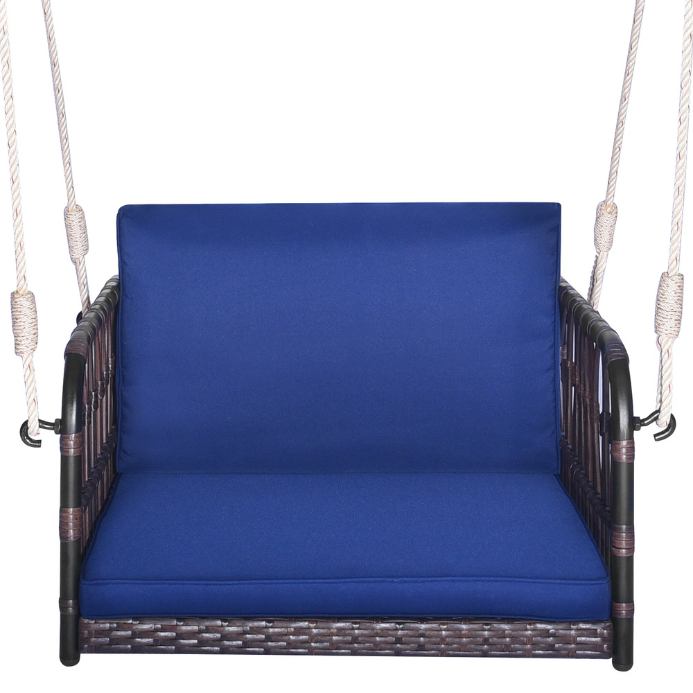 1Person Rattan Hanging Porch Swing Seat With Cushions Ropes Cozy Outdoor Relaxation Chair 6