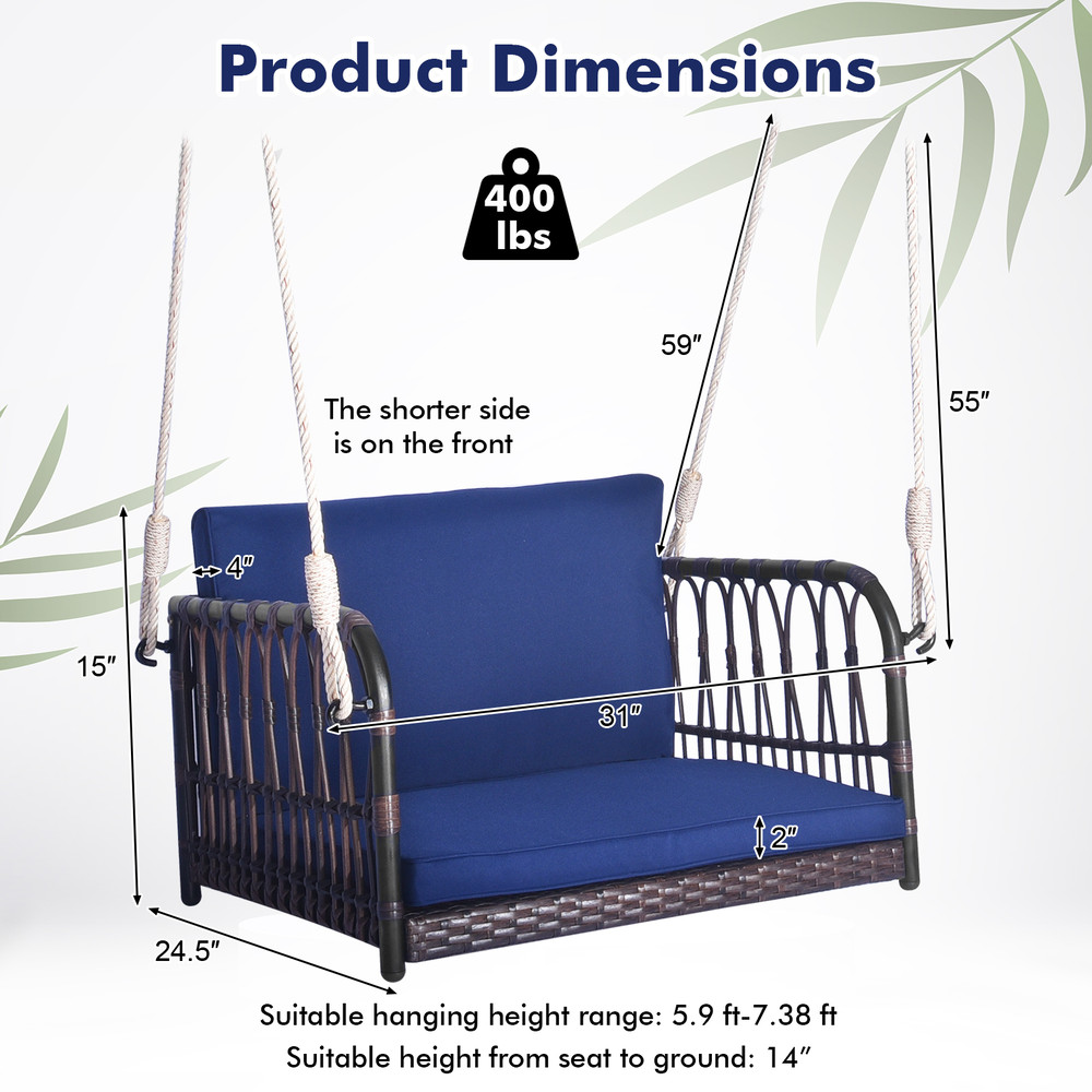 1Person Rattan Hanging Porch Swing Seat With Cushions Ropes Cozy Outdoor Relaxation Chair 4