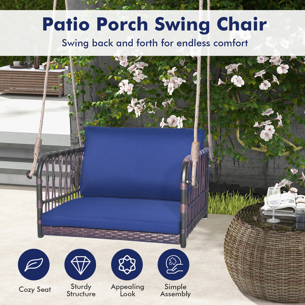 1Person Rattan Hanging Porch Swing Seat With Cushions Ropes Cozy Outdoor Relaxation Chair 3